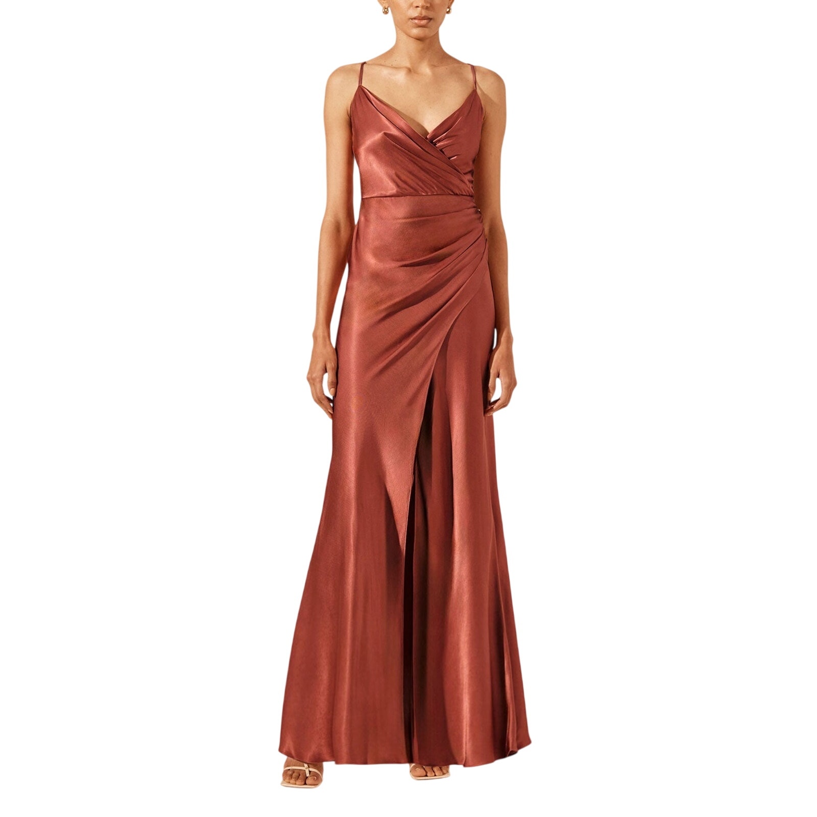 Shona Joy Satin Terracotta La Lune Cross Draped Maxi Dress Size 6 Us